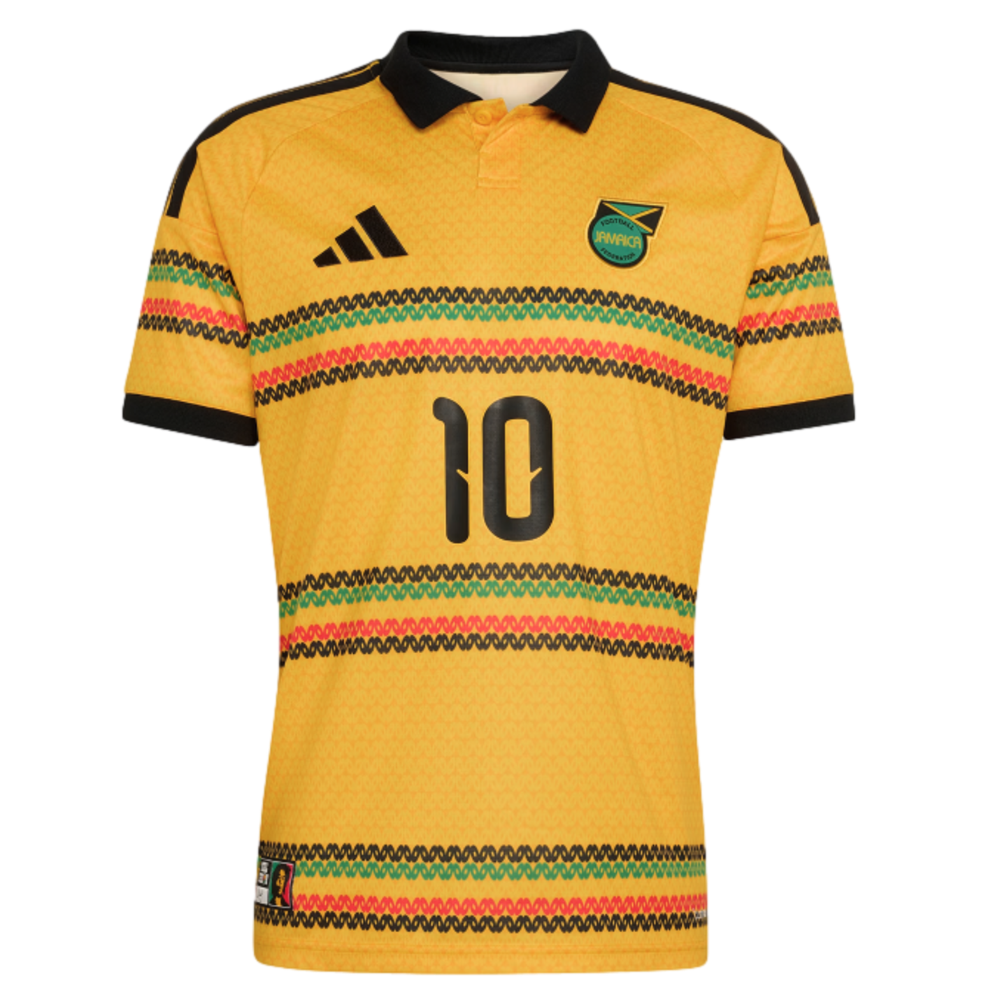 Yellow Adidas Jamaica national football jersey with black collar, number 10, and horizontal green, red, and black patterned bands.