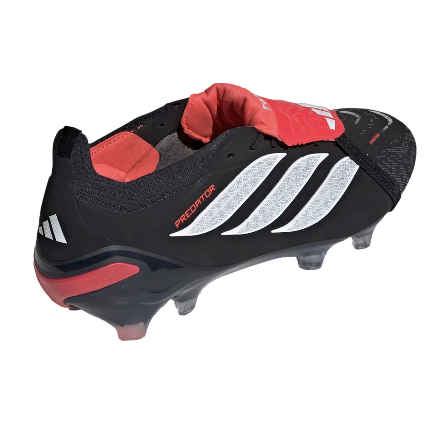 A black, red, and white Adidas Predator soccer cleat featuring a classic fold-over tongue and iconic three-stripe branding on the side.