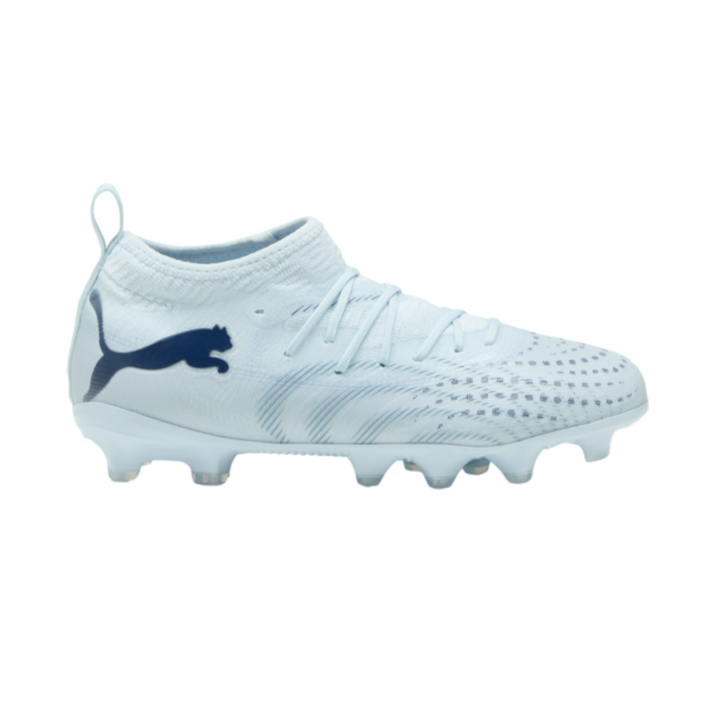 Side view of a light blue Puma soccer cleat with a dark blue logo, isolated on a black background.
