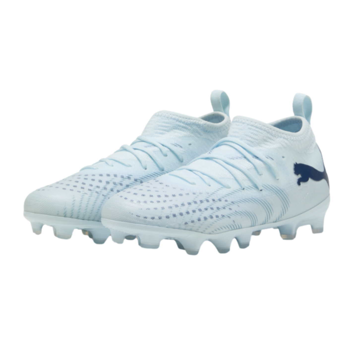 Light blue Puma soccer cleats with textured uppers and dark blue logos on a solid black background.