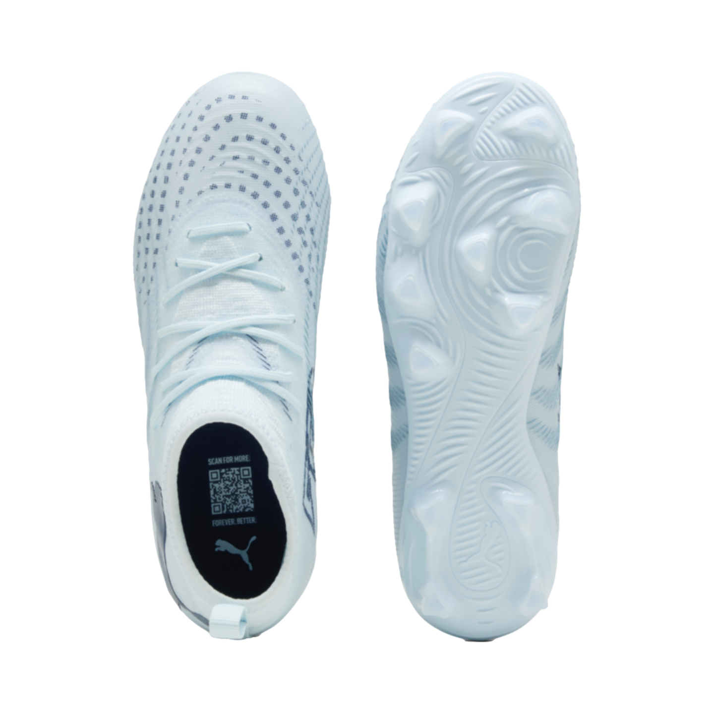 Top and bottom views of light blue Puma soccer cleats against a black background, showing the patterned upper, lacing, and studded outsole.