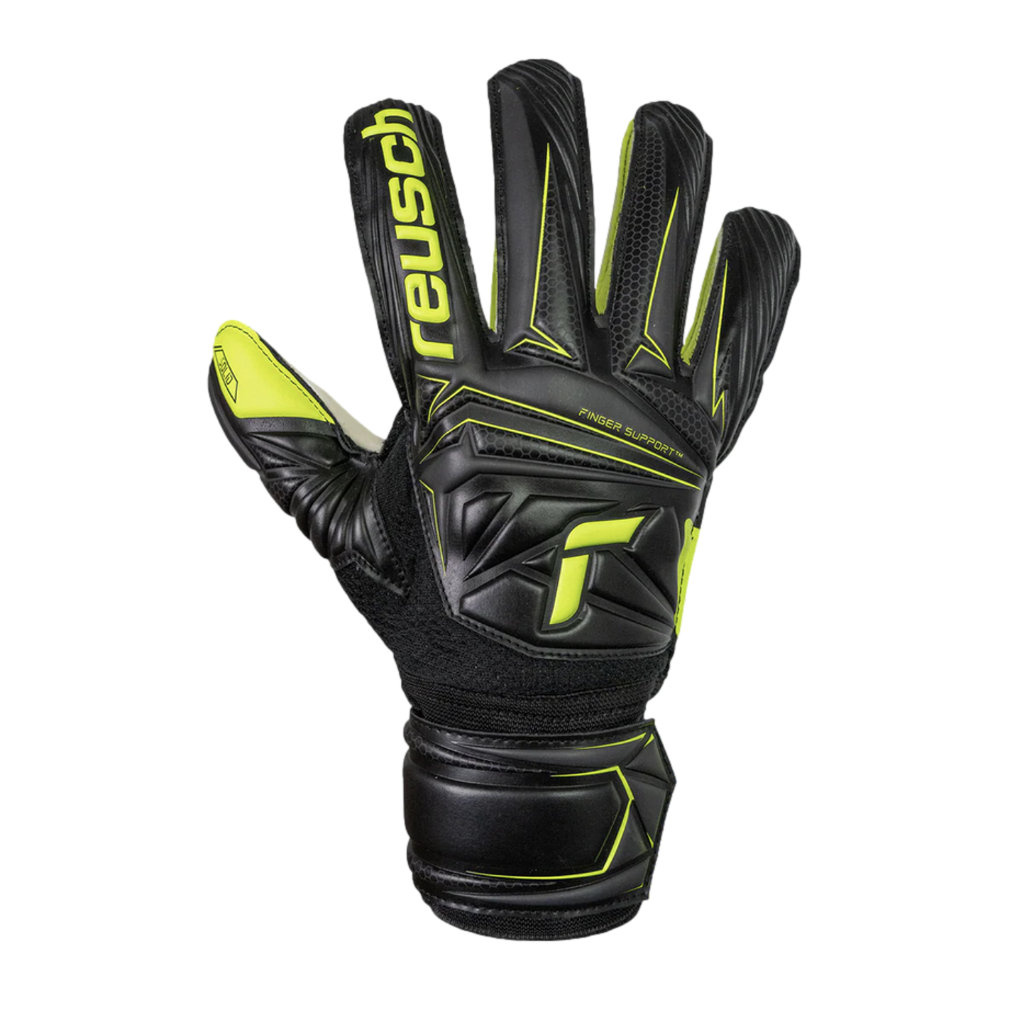 Black and neon yellow Reusch goalkeeper glove featuring finger support and a textured backhand design.