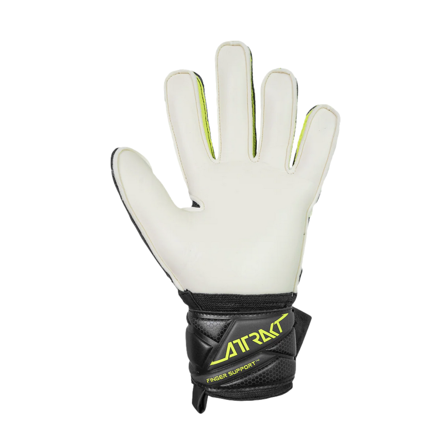 Palm view of a white goalkeeper glove with a black wrist strap featuring neon yellow 'ATTRAKT' and 'FINGER SUPPORT' text, set against a solid black background.