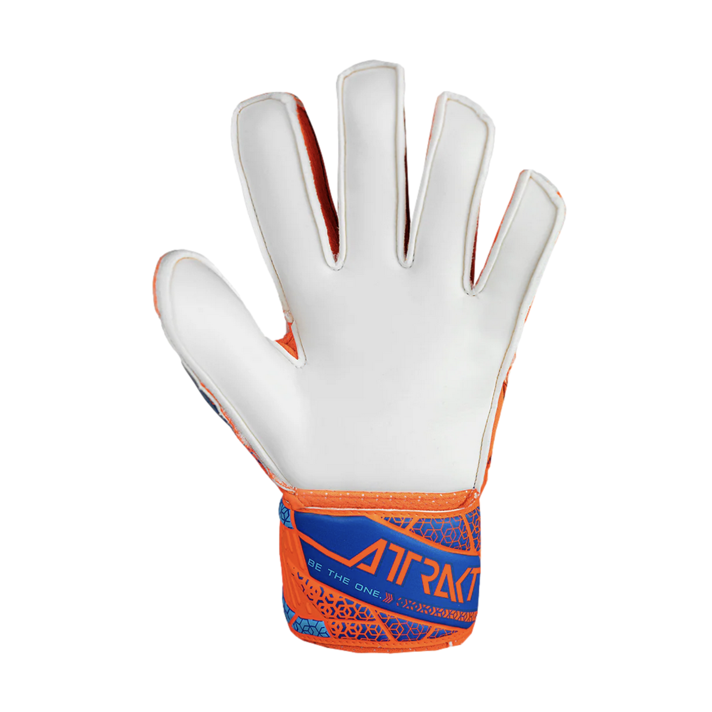 White goalkeeper glove with orange and blue wrist strap reading "ATTRAKT" and "BE THE ONE." on a black background.