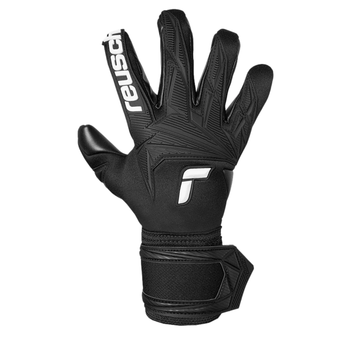 A black Reusch goalkeeper glove with white branding on a black background. Features textured geometric patterns on the backhand and fingers.