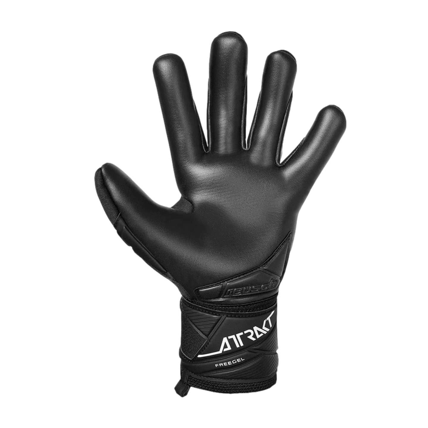 Palm view of an all-black Reusch Attrakt Freegel goalkeeper glove against a solid black background.