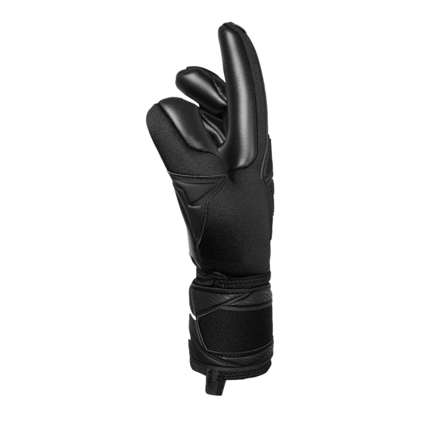 Side view of a black goalkeeper glove with padded fingers and a wrist strap against a black background.