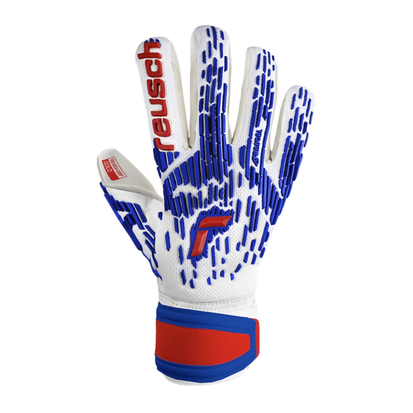 Backhand view of a white Reusch goalkeeper glove with blue textured patterns and red accents on the logo and wrist strap, isolated on a black background.