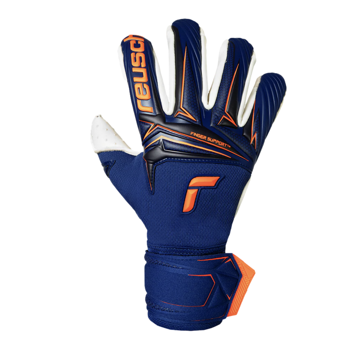 Navy blue Reusch goalkeeper glove with bright orange accents, 'FINGER SUPPORT' branding, and white detailing on the thumb and fingers.