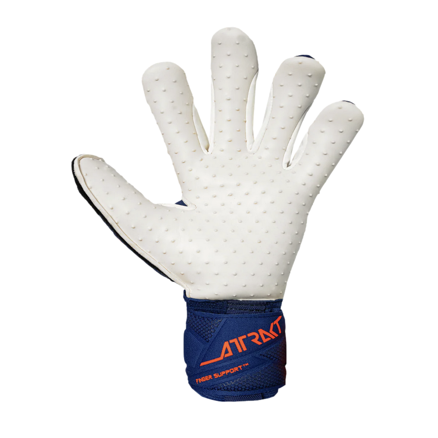 A goalkeeper glove with a textured white palm and a blue wrist strap featuring orange "ATTRAKT" branding, set against a black background.