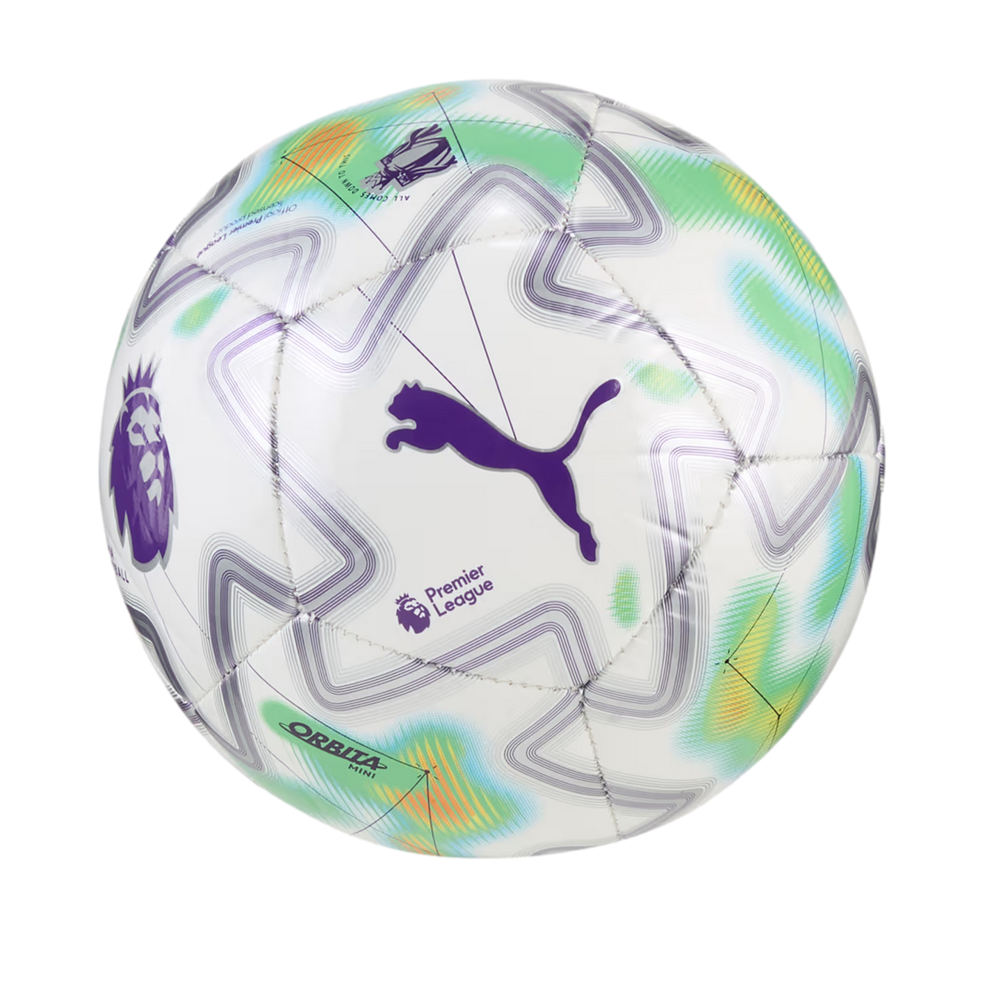 White Puma Orbita Mini Premier League soccer ball featuring purple, green, and yellow graphic patterns against a black background.