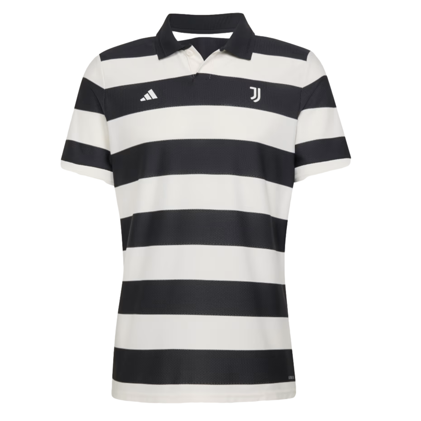 Black and white horizontally striped Adidas polo shirt with a black collar and the Juventus team crest on the chest.
