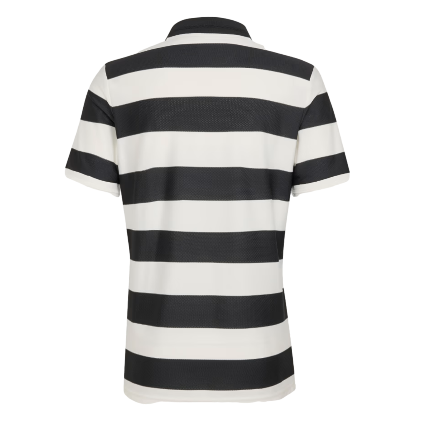 Back view of a short-sleeved polo shirt with wide horizontal black and white stripes, centered on a black background.