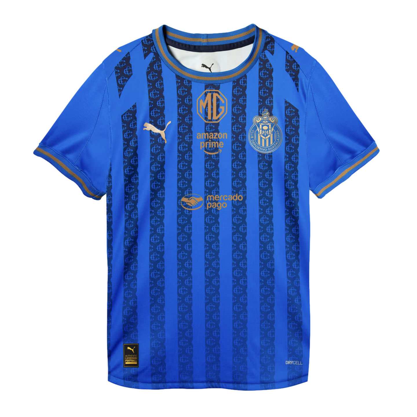 Blue Chivas Guadalajara soccer jersey with gold Puma, MG, and Amazon Prime logos. Vertical stripes feature a repeating monogram pattern.