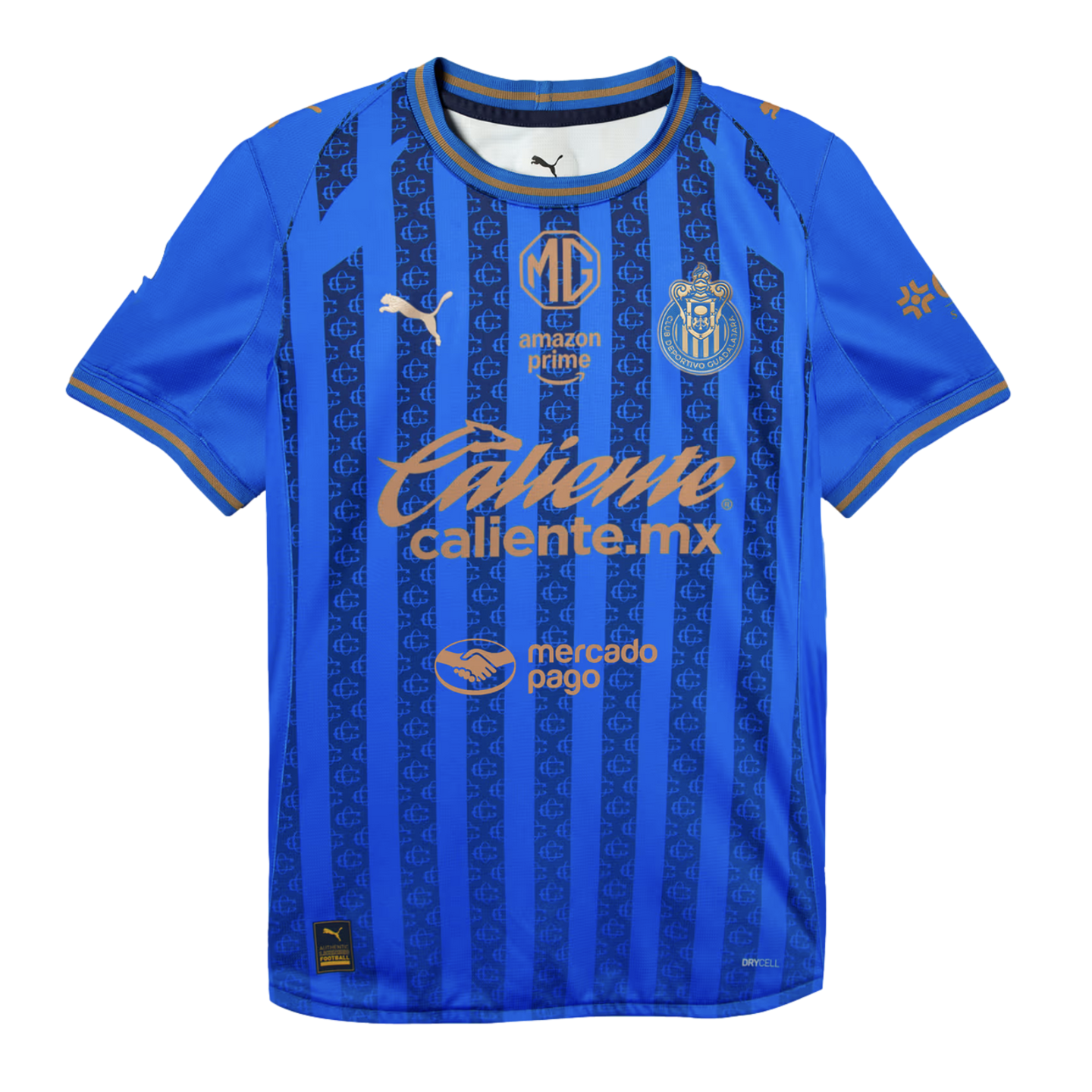 A blue Puma soccer jersey for Chivas Guadalajara, featuring gold logos and vertical stripes with a repeating club crest pattern.