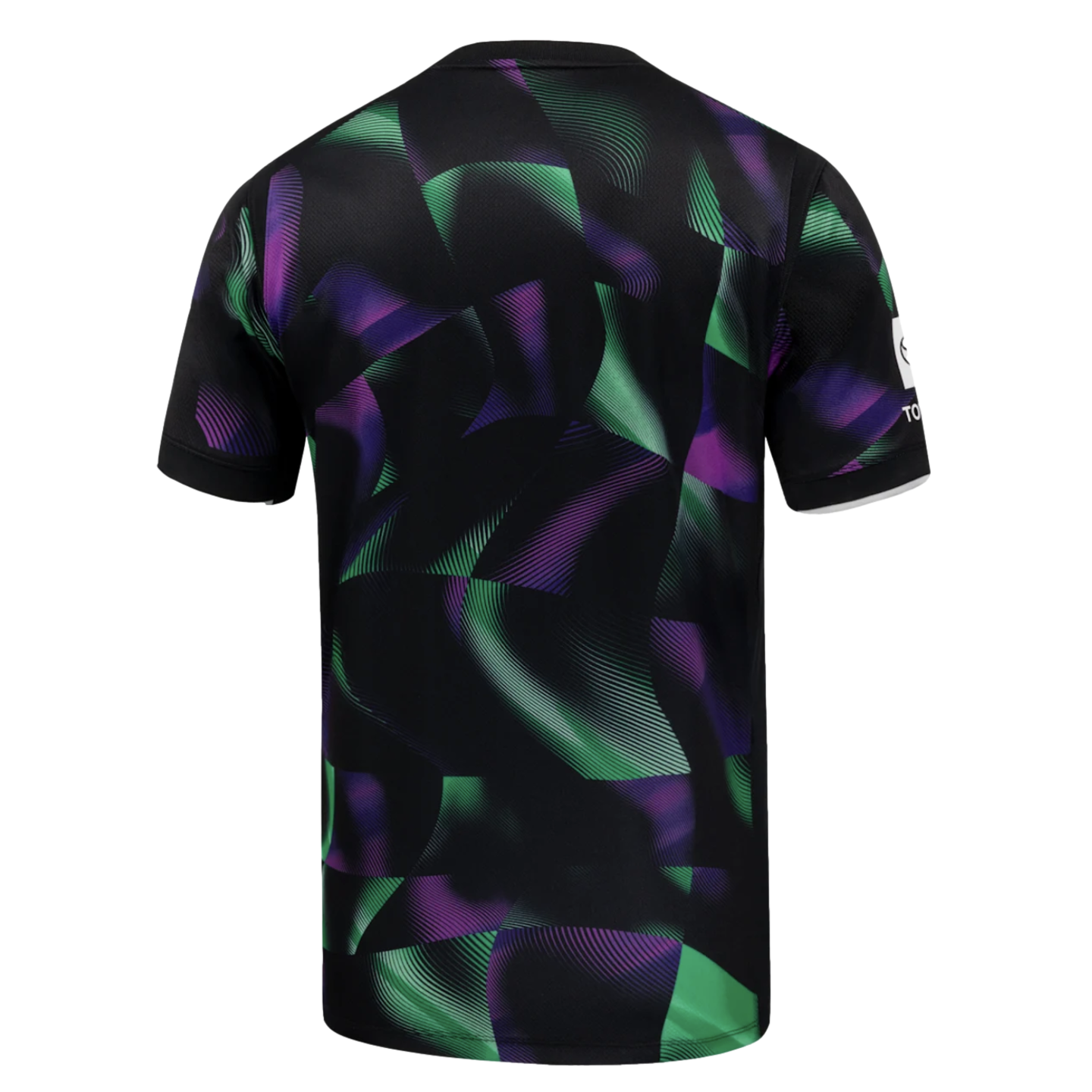 Back view of a black sports jersey featuring a vibrant, wavy geometric pattern in shades of purple and green with fine linear textures.