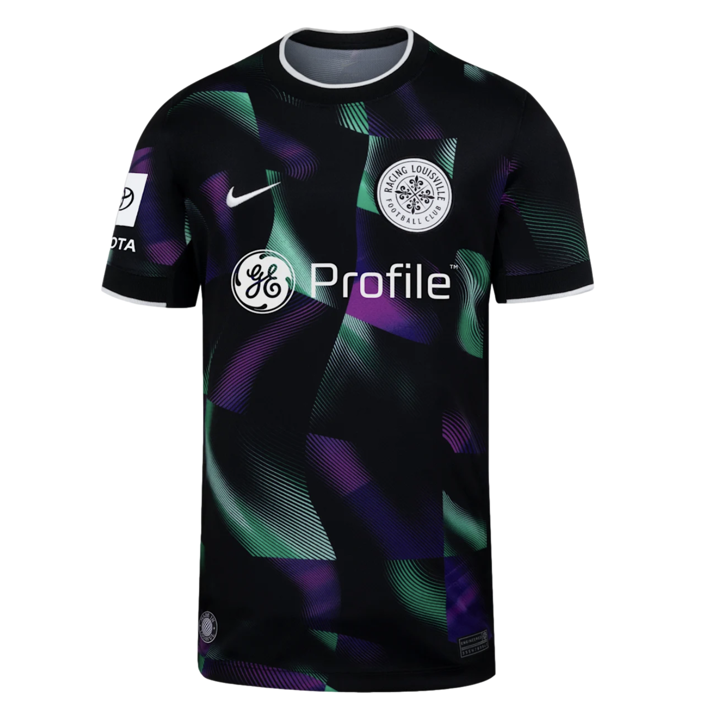 Black Racing Louisville FC soccer jersey with wavy purple and mint green patterns. Includes the team crest, Nike swoosh, and GE Profile sponsor logo.