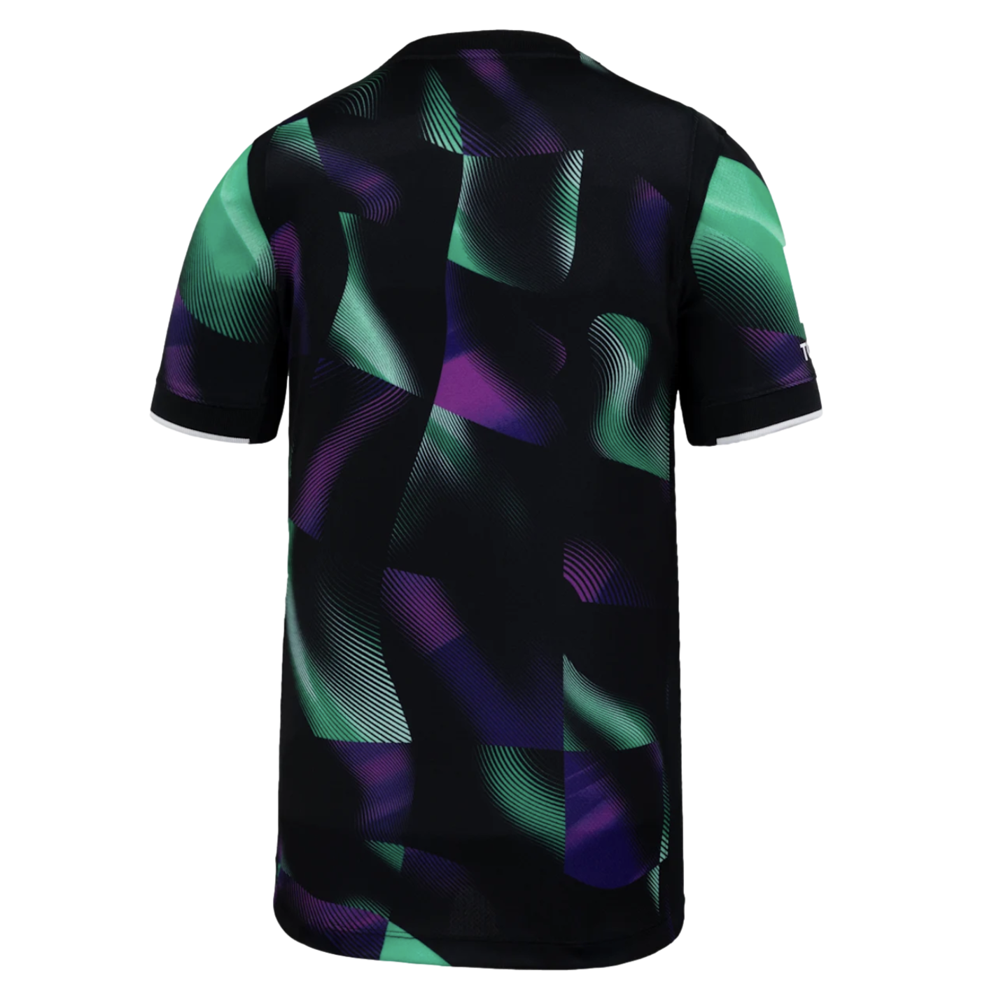 Back view of a black short-sleeved jersey featuring a vibrant green and purple abstract wave pattern. The sleeves have thin white cuffs.