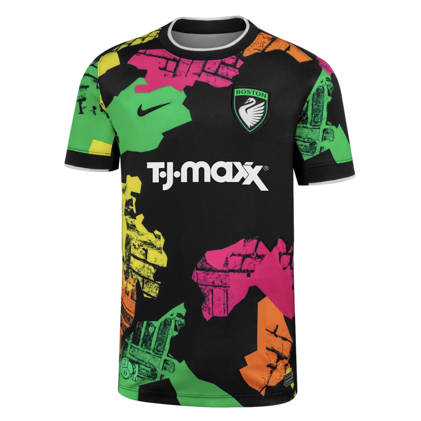 Black Nike soccer jersey with a 'BOSTON' swan crest, T.J. Maxx sponsor, and a bold, colorful abstract pattern of textured shapes in green, pink, and orange.