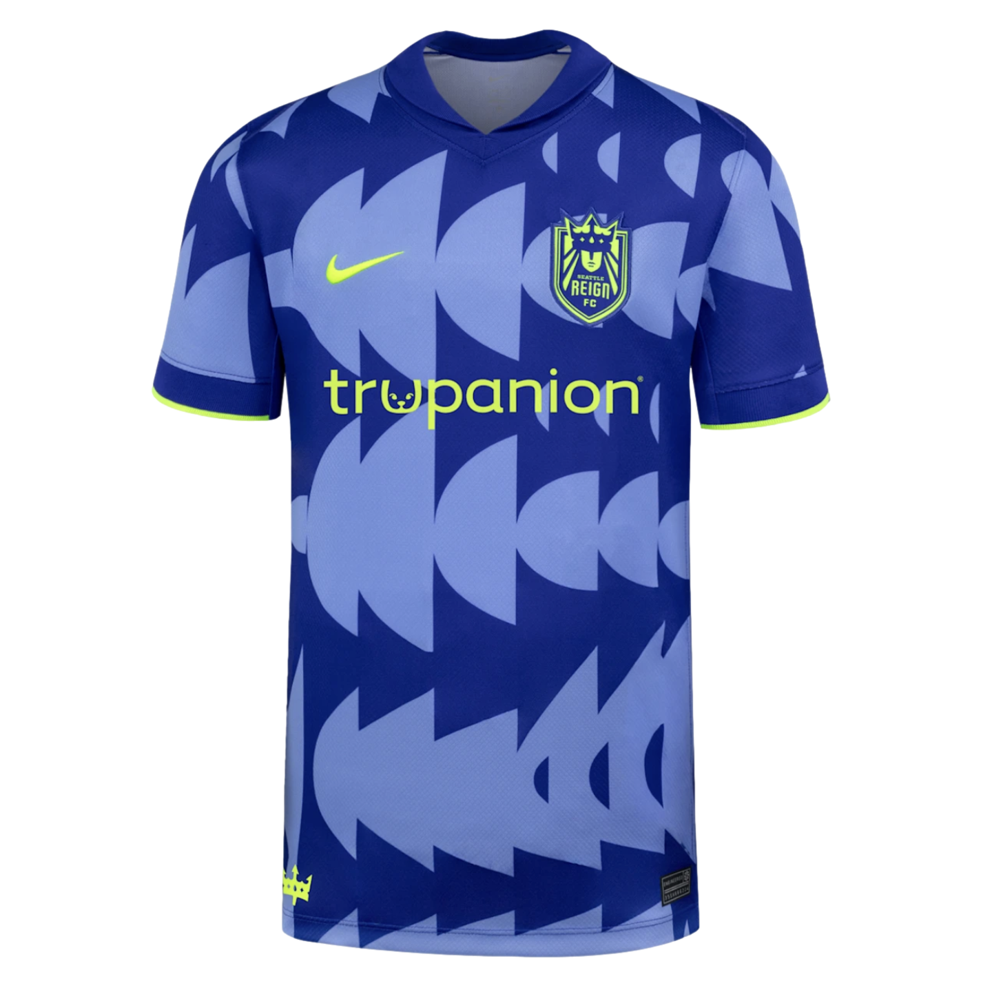 Seattle Reign FC soccer jersey with a blue geometric pattern, lime green Nike logo, team crest, and trupanion sponsor.