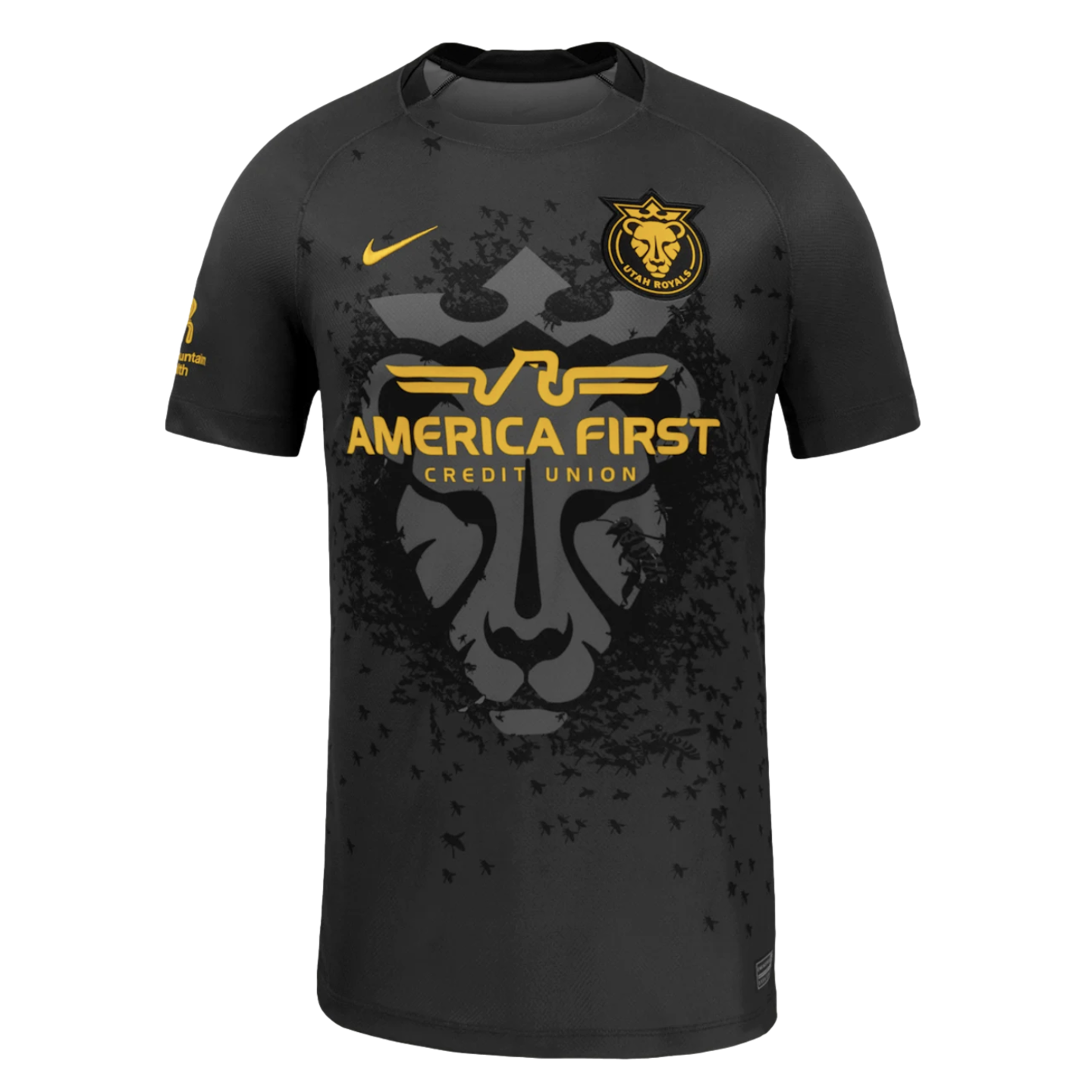 Black Utah Royals FC soccer jersey with gold Nike and sponsor logos. Features a large grey lion head graphic surrounded by a swarm of black bees.