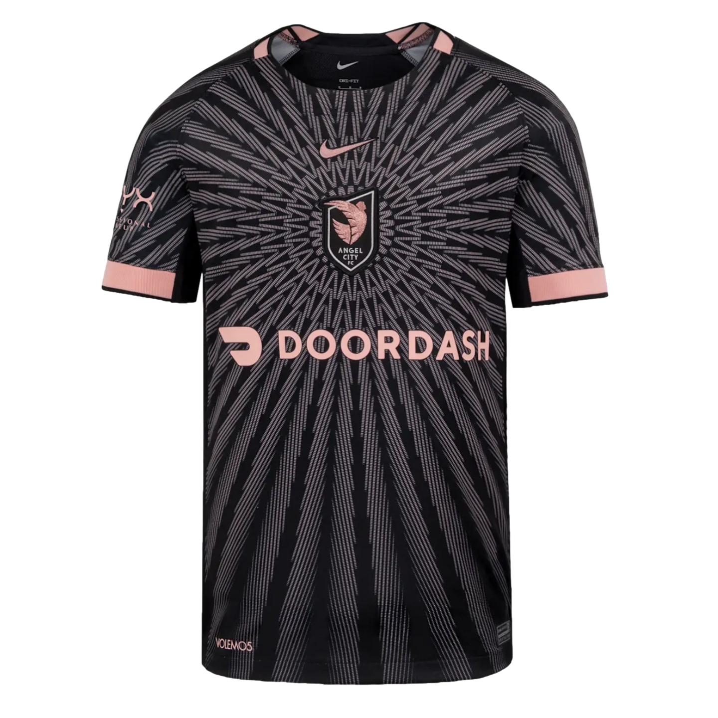 Angel City FC soccer jersey in black and pink with a grey sunburst pattern, central team crest, and DoorDash sponsor logo.
