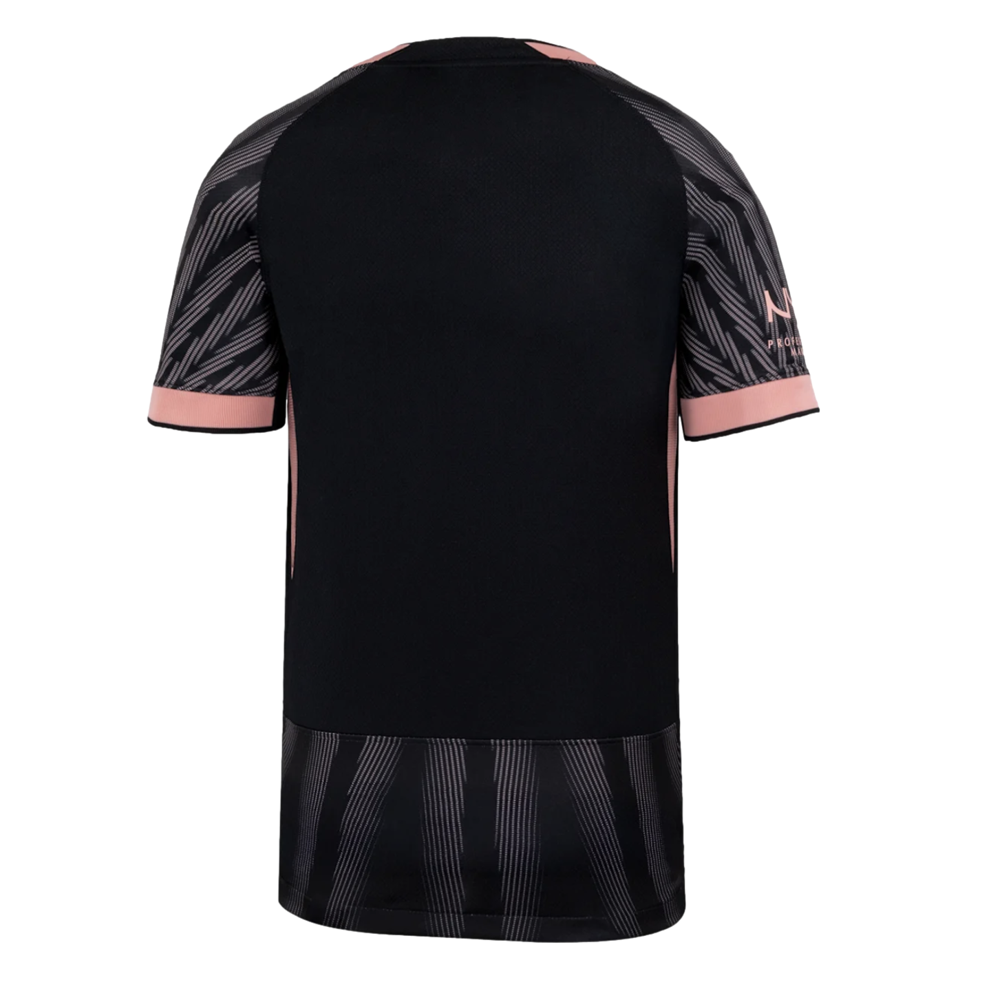 Back view of a black athletic jersey with pink trim and sleeve cuffs. The sleeves and bottom hem feature a gray and black striped pattern.