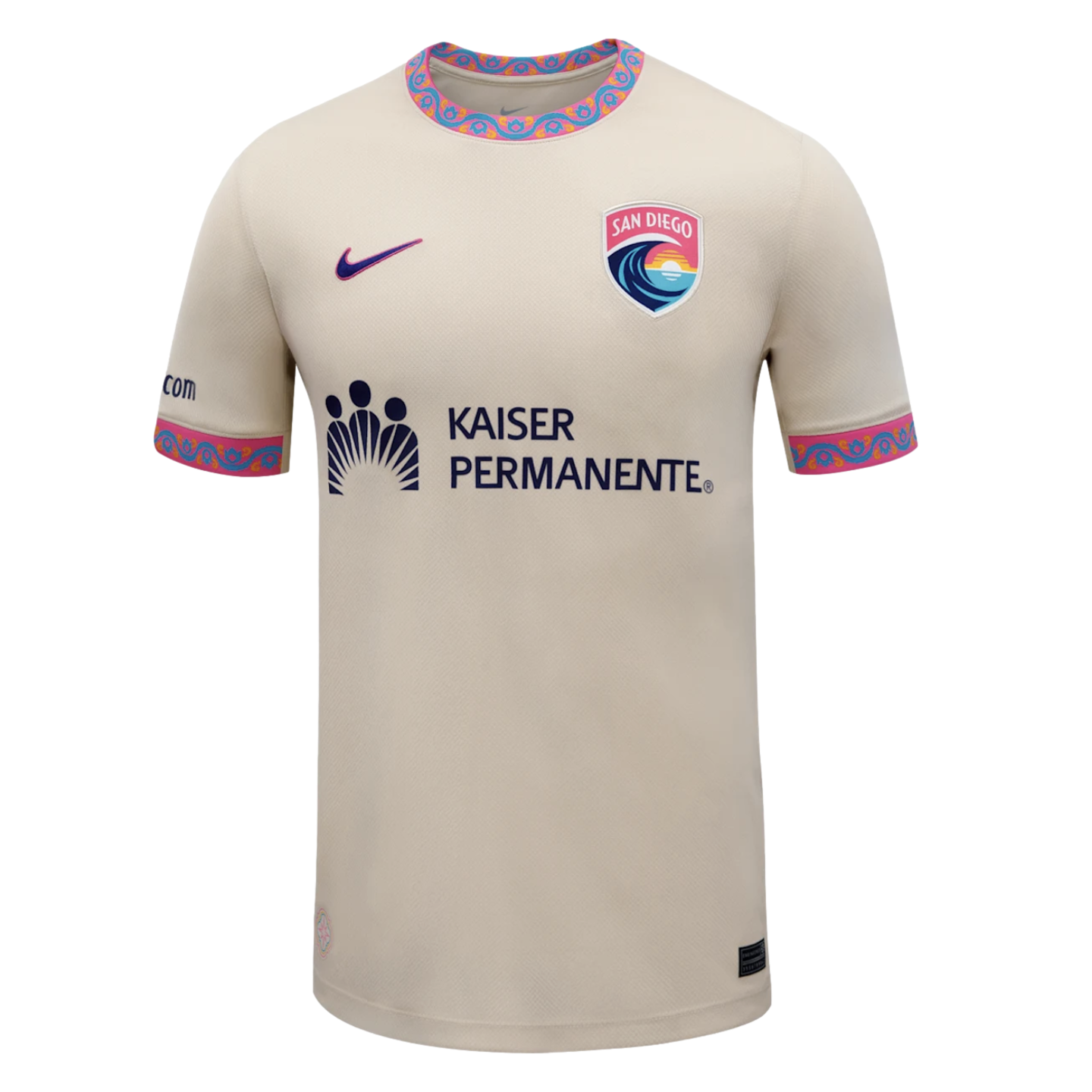 San Diego Wave FC off-white soccer jersey with a colorful patterned collar, team crest, and Kaiser Permanente sponsor logo.