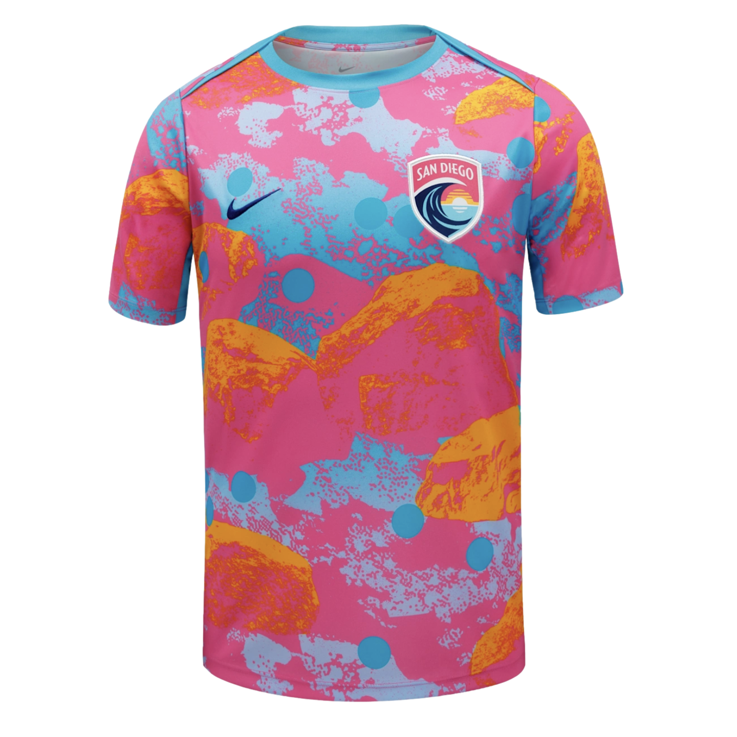 Nike San Diego Wave FC soccer jersey with a vibrant pink, blue, and orange abstract pattern and the team's crest.