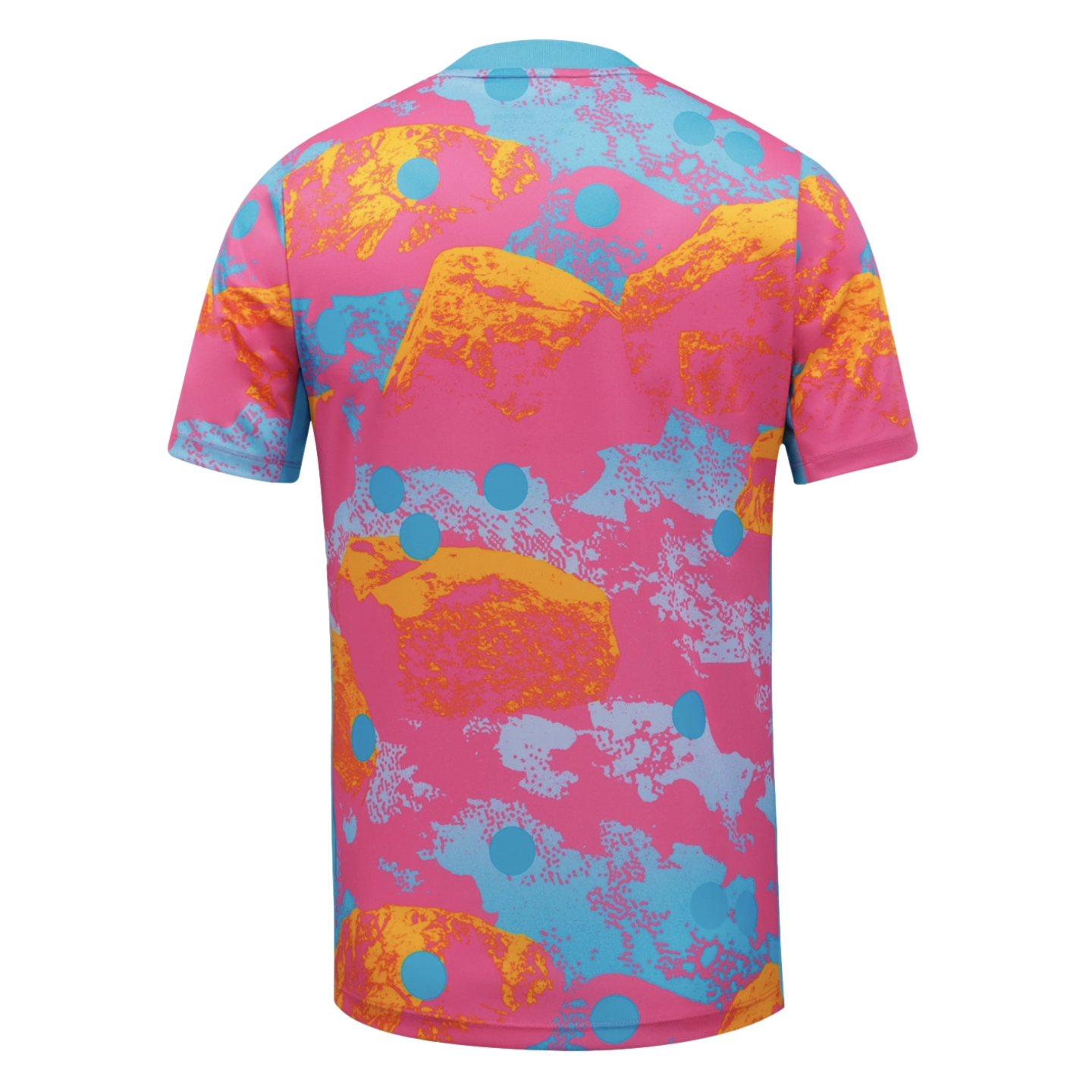 Back view of a short-sleeved shirt with a vibrant abstract pattern in pink, light blue, and orange, accented with large blue polka dots.