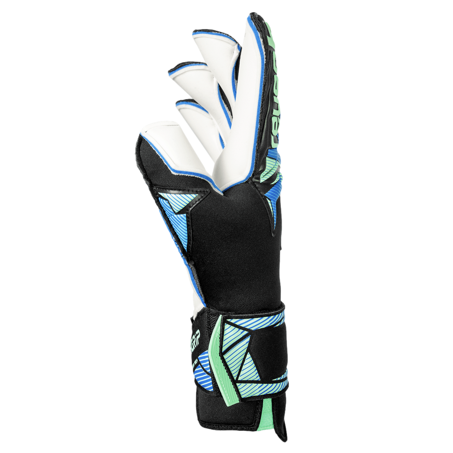 Side view of a Reusch goalkeeper glove in black, white, and blue with lime green accents. It features striped patterns on the thumb and wrist strap.