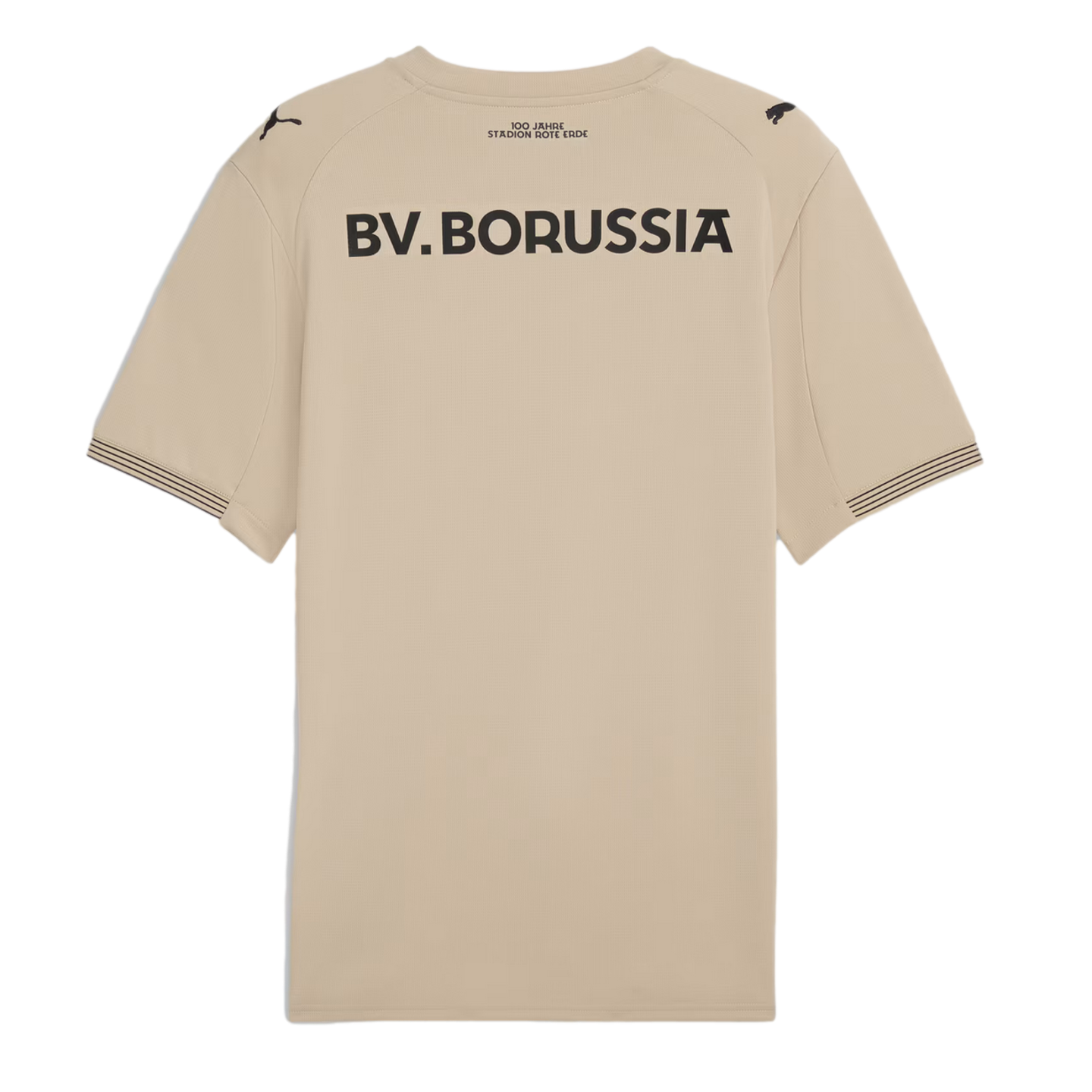 Back of a beige football jersey with "BV. BORUSSIA" in black. Includes commemorative text above, Puma logos on shoulders, and striped sleeve cuffs.