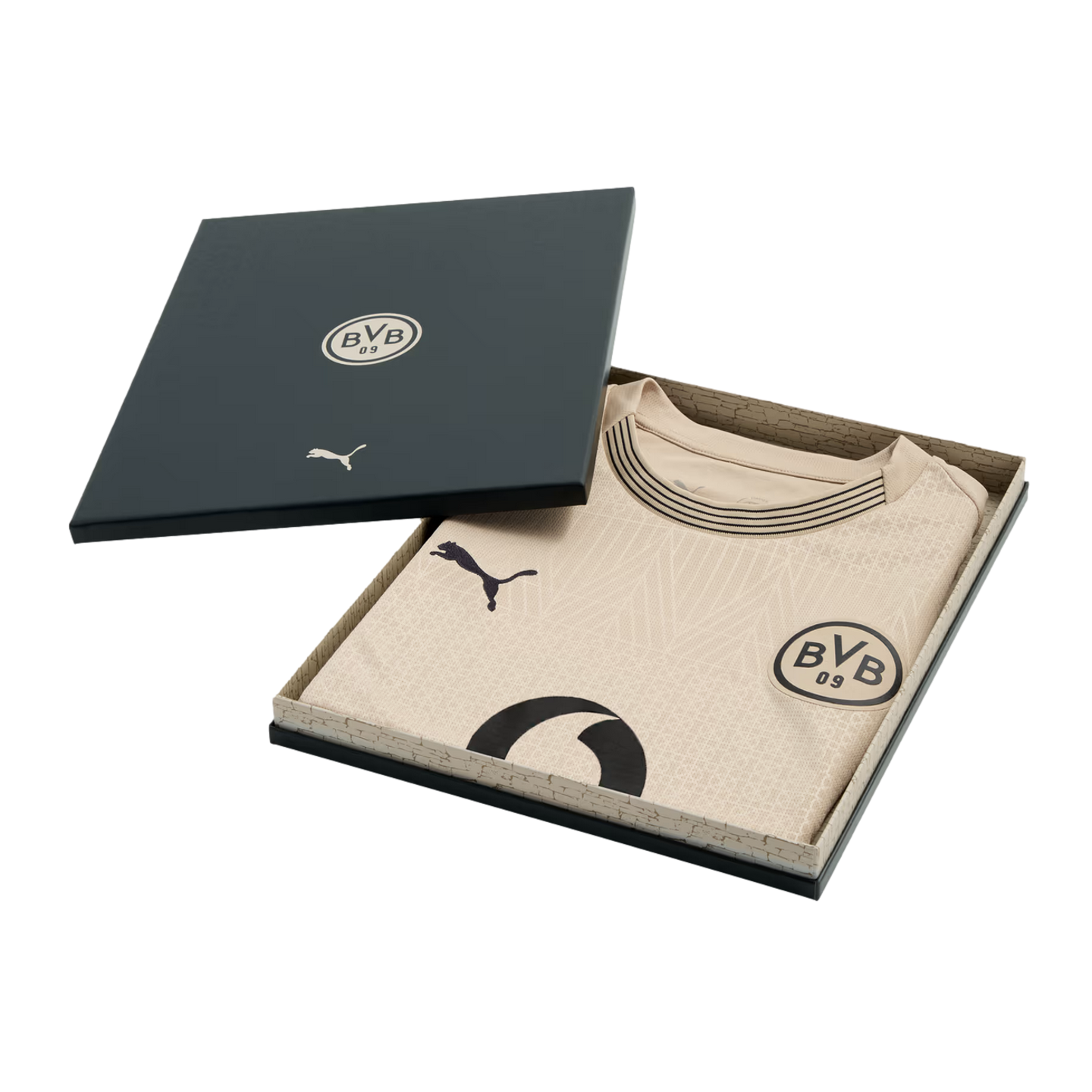 A tan Puma BVB 09 soccer jersey with black logos and trim, presented in a dark grey gift box.