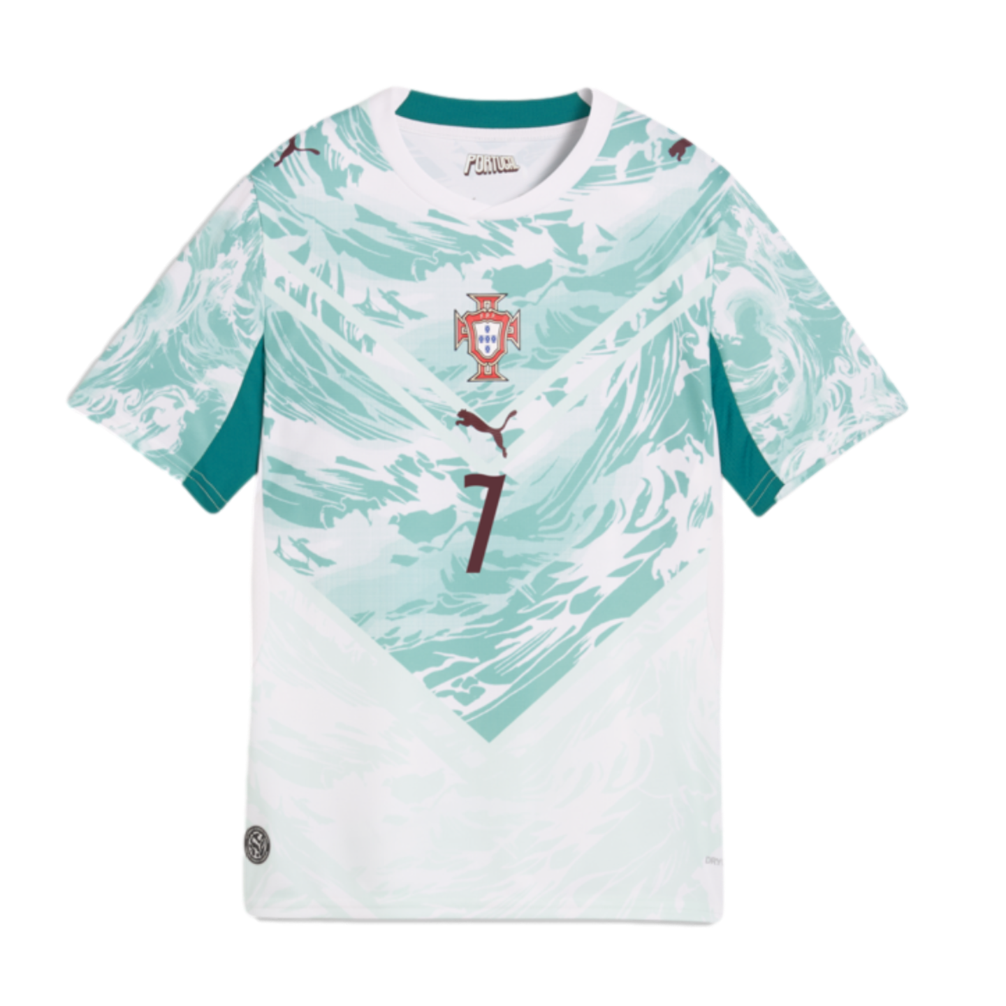 White Portugal national team jersey with a teal wave pattern, featuring the national crest, Puma logo, and the number 7 in the center.