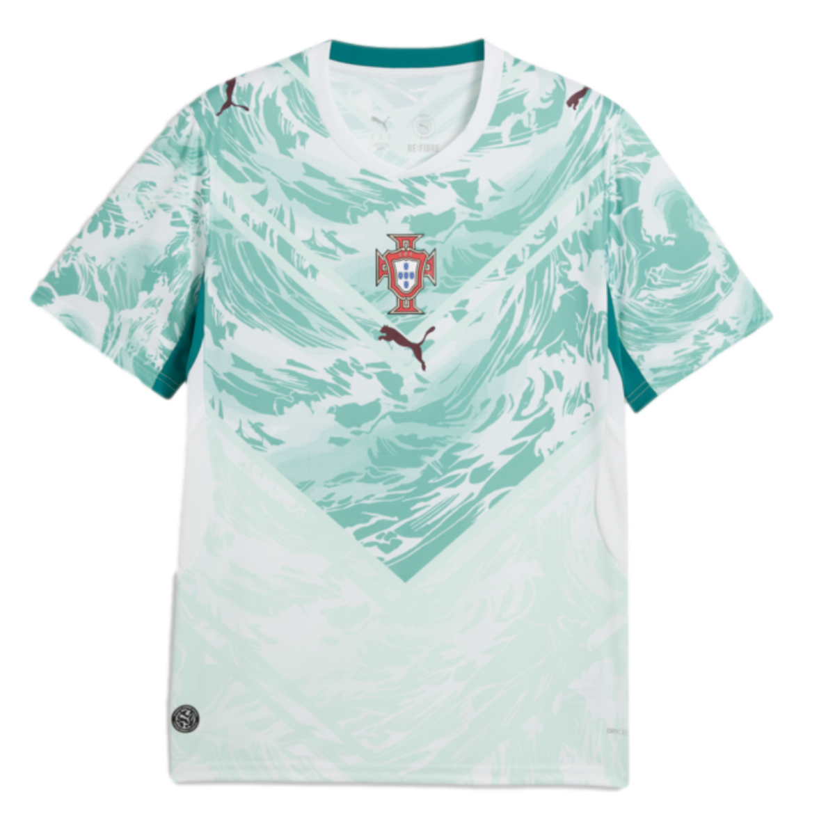 Short-sleeved white and teal Portugal soccer jersey featuring a wavy pattern, a red team crest on the center chest, and maroon Puma logos.