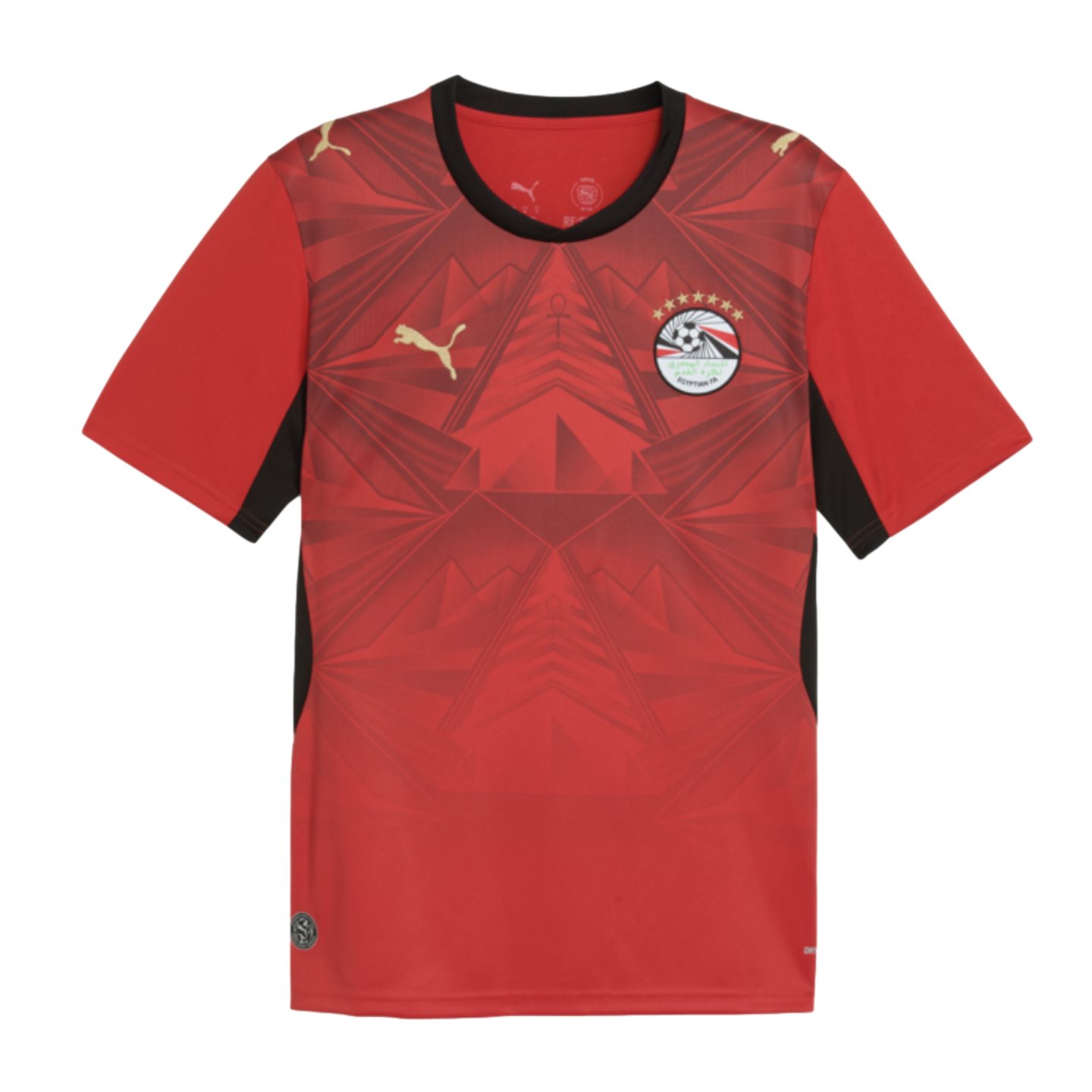 Red Puma Egypt football jersey with a geometric pyramid pattern, black trim, and the national team crest with seven stars.