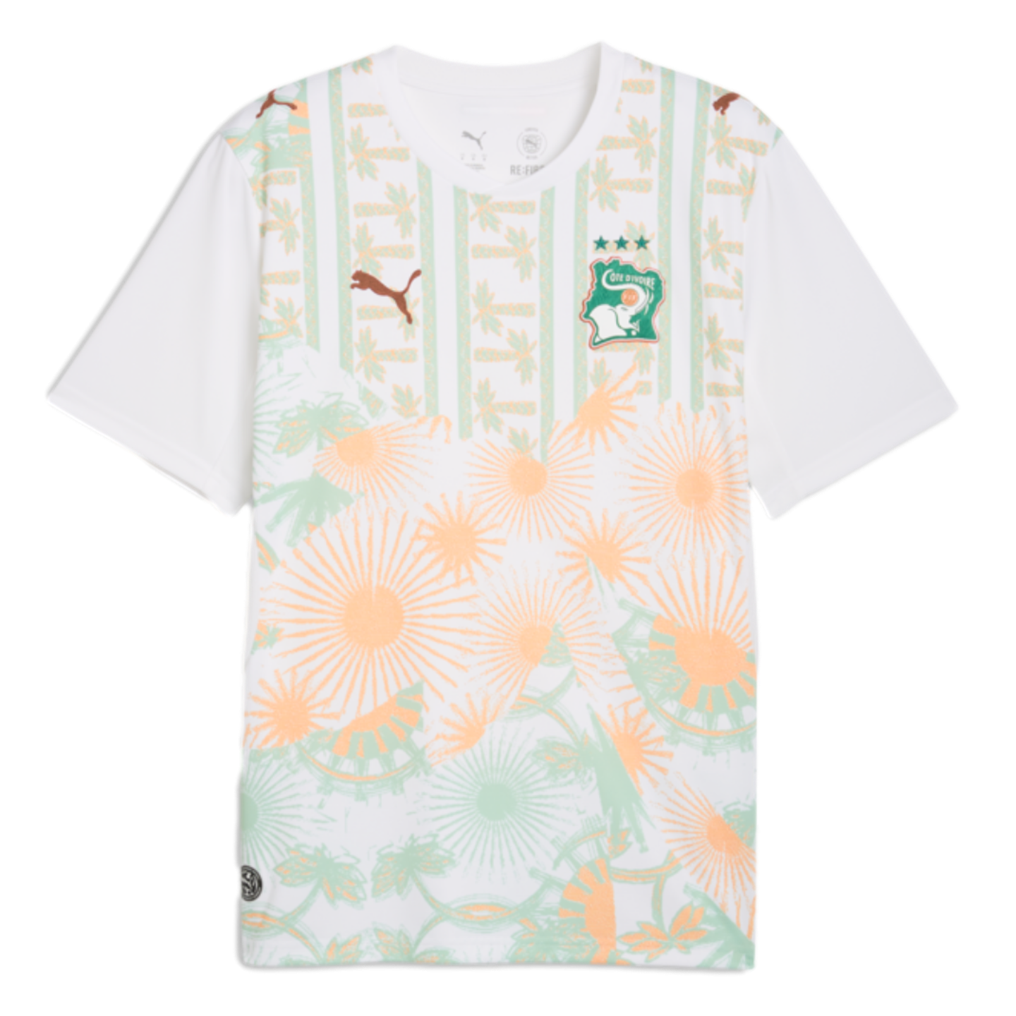 White Puma Côte d’Ivoire soccer jersey featuring a green and orange tropical pattern with palm trees, sunbursts, and the national team crest.