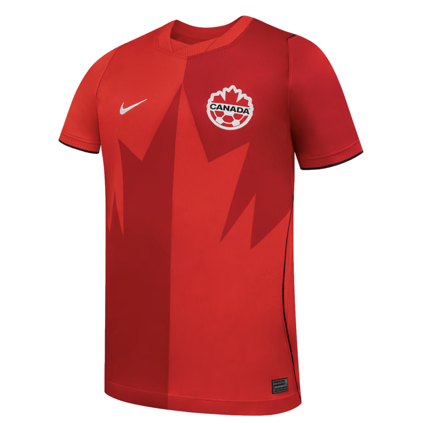 A red Nike Canada national team soccer jersey with a two-tone design split vertically down the middle. A large, stylized dark red maple leaf graphic is centered on the front, with a white Nike swoosh on the right chest and the Canada Soccer crest on the l