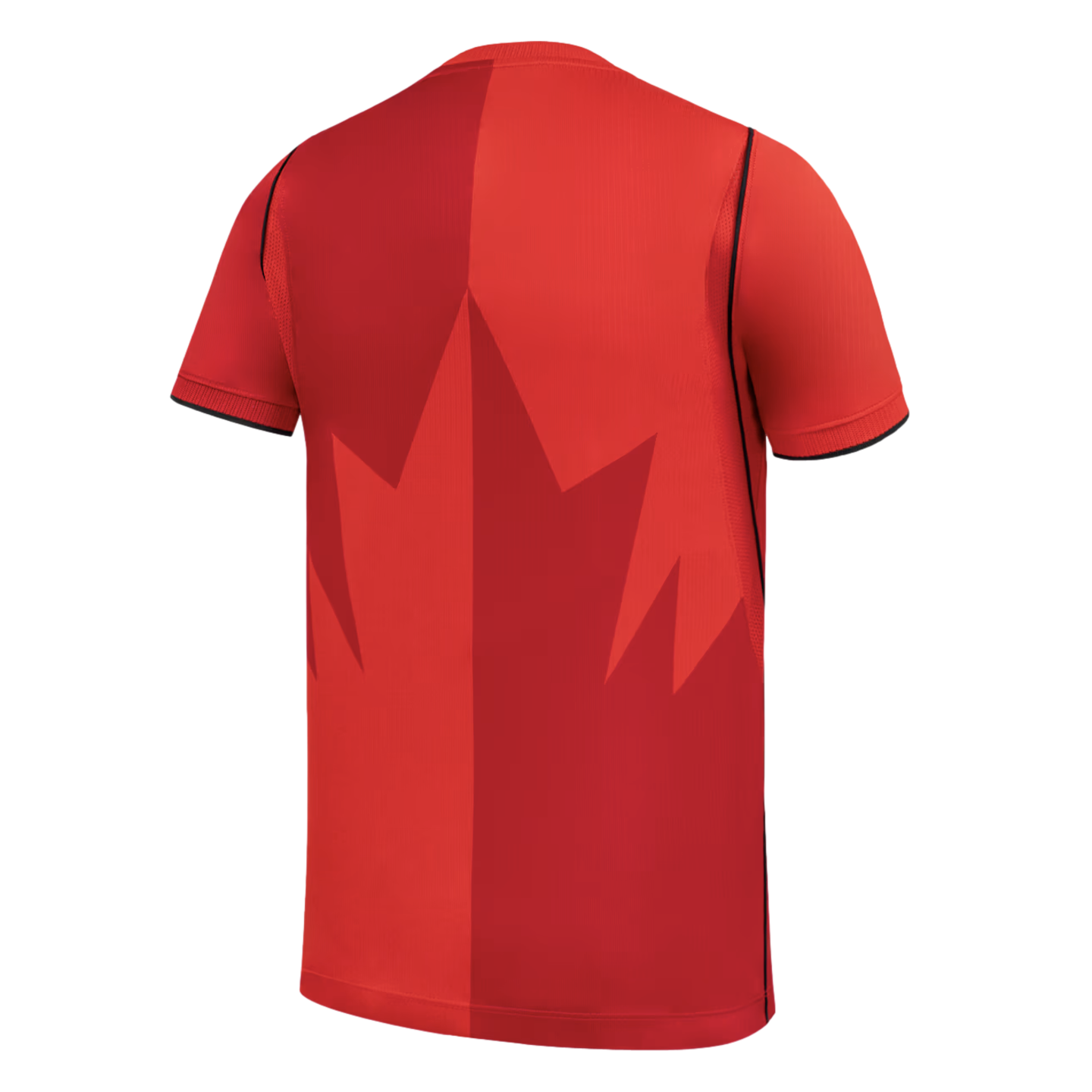 The back of a red Canada national team sports jersey with a vertical two-tone design and a large, stylized maple leaf graphic in the center, set against a black background.