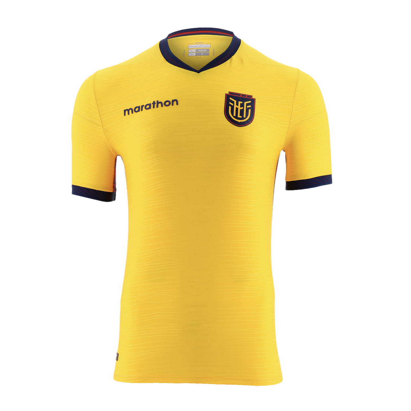 A bright yellow Ecuador national football team jersey with navy blue and red accents on the collar and cuffs, displaying the team crest and Marathon logo against a black background.
