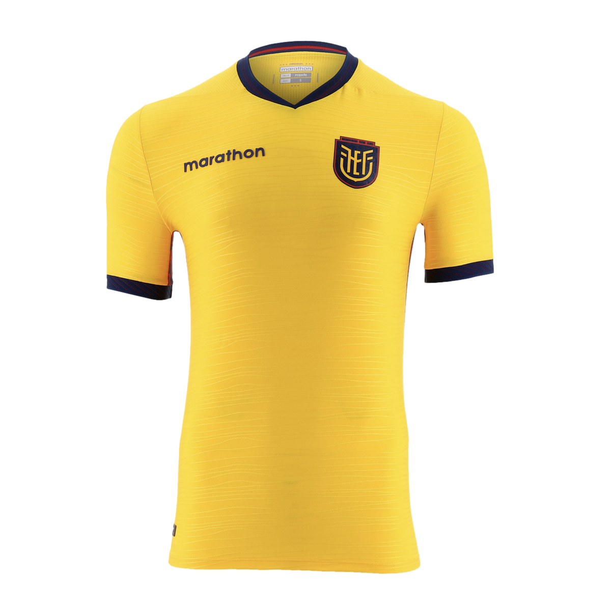 A bright yellow Ecuador national football team jersey with navy blue and red accents on the collar and cuffs, displaying the team crest and Marathon logo against a black background.