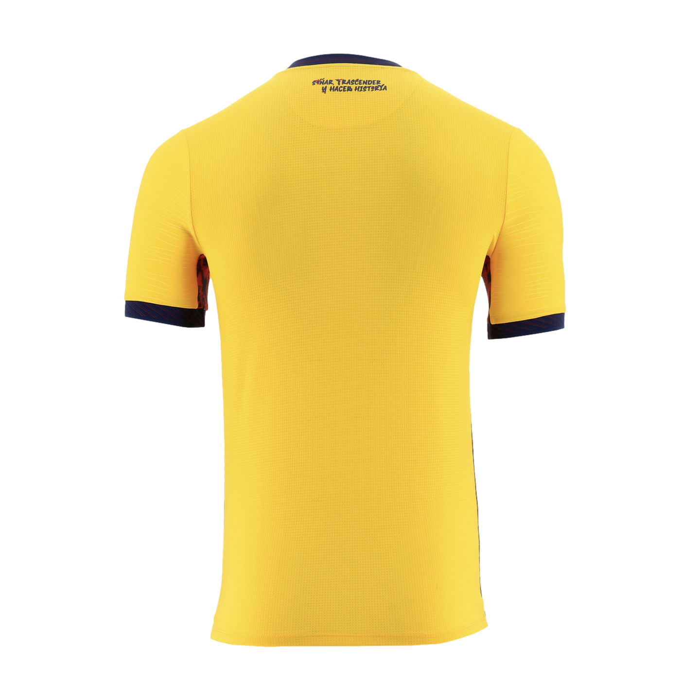 A solid yellow, short-sleeved sports jersey is shown from the back against a black background. It features navy blue trim on the collar and sleeve cuffs, and dark blue text printed on the upper back near the collar that reads "SOÑAR, TRASCENDER Y HACER HI