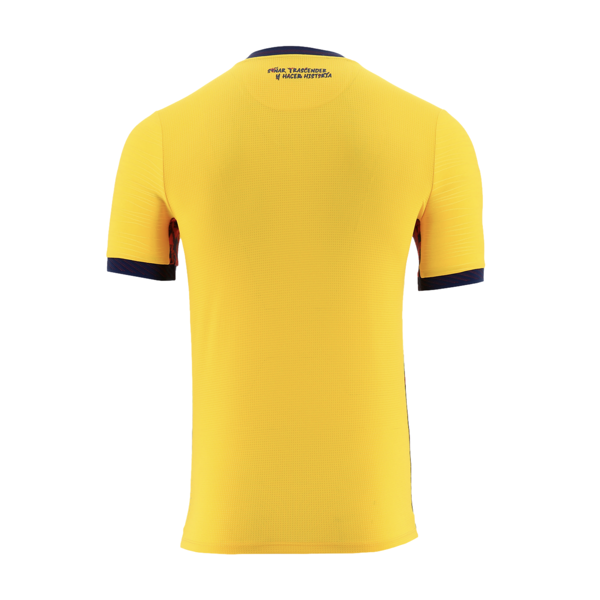 A solid yellow, short-sleeved sports jersey is shown from the back against a black background. It features navy blue trim on the collar and sleeve cuffs, and dark blue text printed on the upper back near the collar that reads "SOÑAR, TRASCENDER Y HACER HI