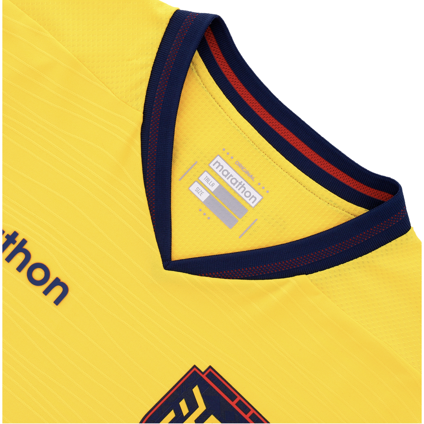 A close-up view of the collar and upper chest of a yellow textured athletic jersey with a navy and red V-neck, featuring "marathon" branding and sizing labels inside the neck.