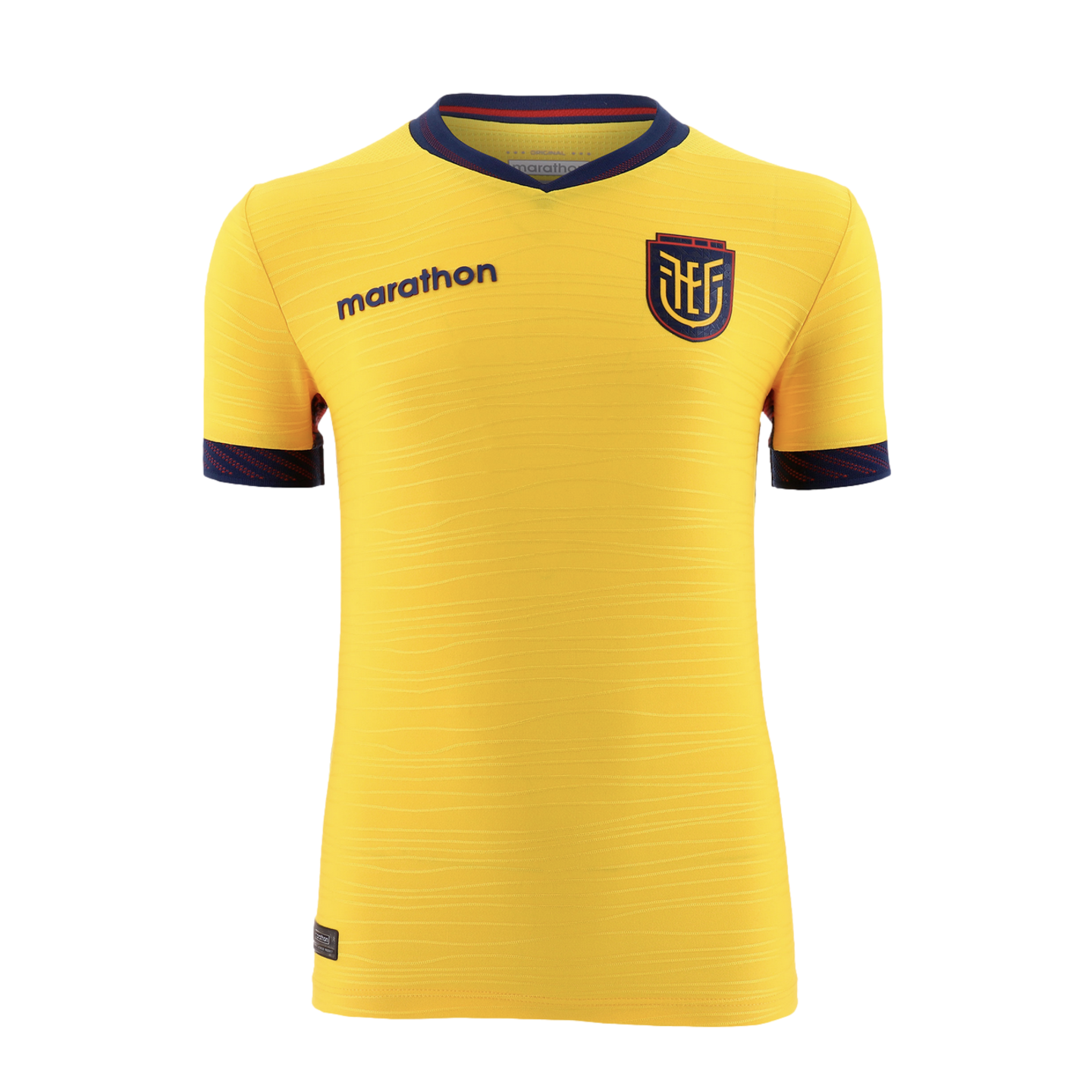 A front-facing photograph of the bright yellow Ecuador national football team home jersey against a black background. The jersey features a navy blue V-neck collar with a thin red stripe and navy blue sleeve cuffs with a red patterned trim. The "marathon"