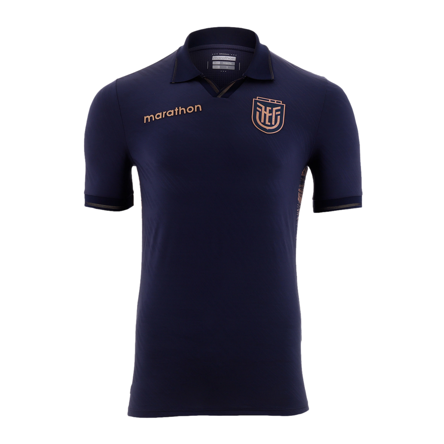 A navy blue short-sleeved polo jersey featuring a metallic bronze "marathon" logo on the right chest and the Ecuadorian Football Federation (FEF) crest on the left. It has subtle metallic trim on the collar and sleeve cuffs, set against a solid black back