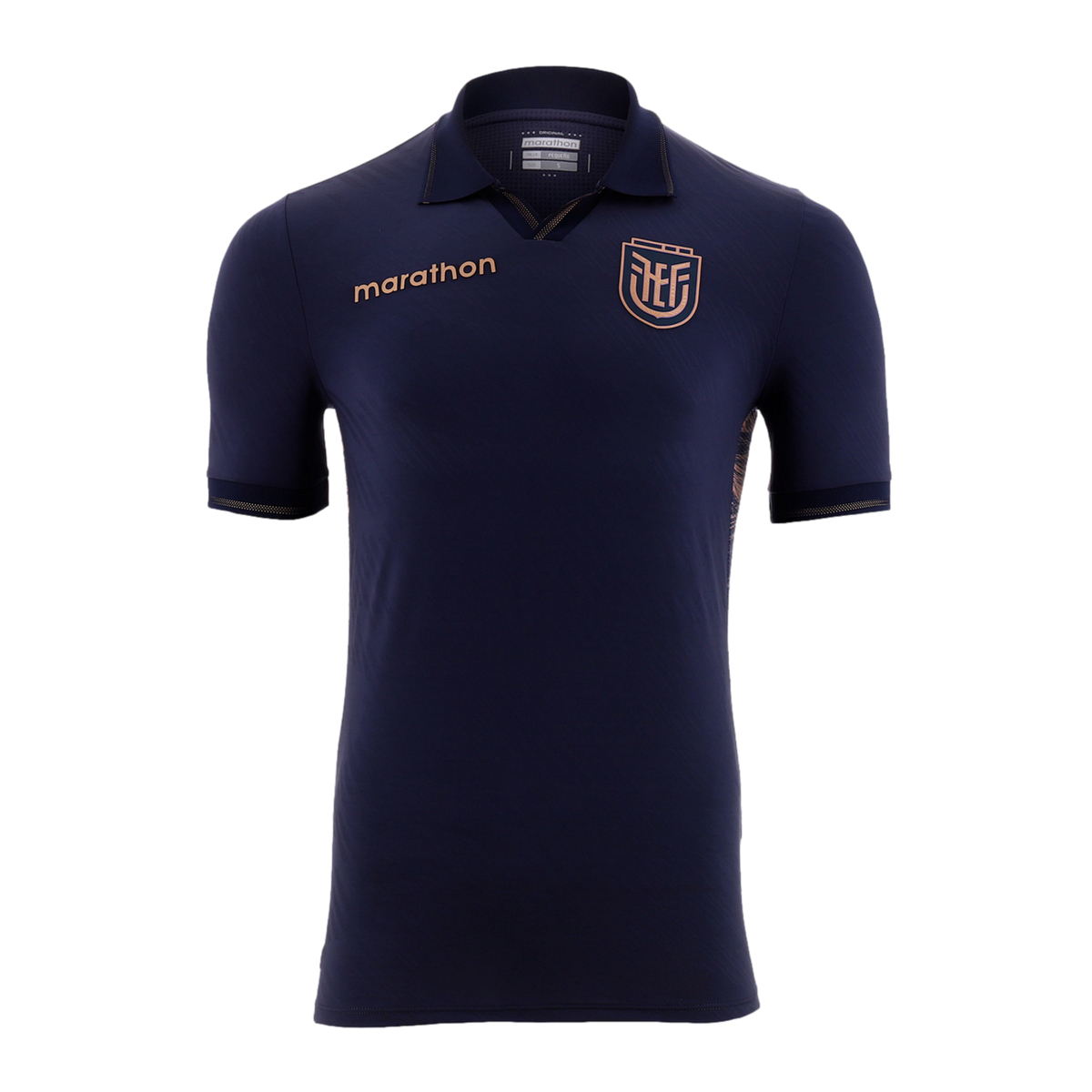 A navy blue short-sleeved polo jersey featuring a metallic bronze "marathon" logo on the right chest and the Ecuadorian Football Federation (FEF) crest on the left. It has subtle metallic trim on the collar and sleeve cuffs, set against a solid black back