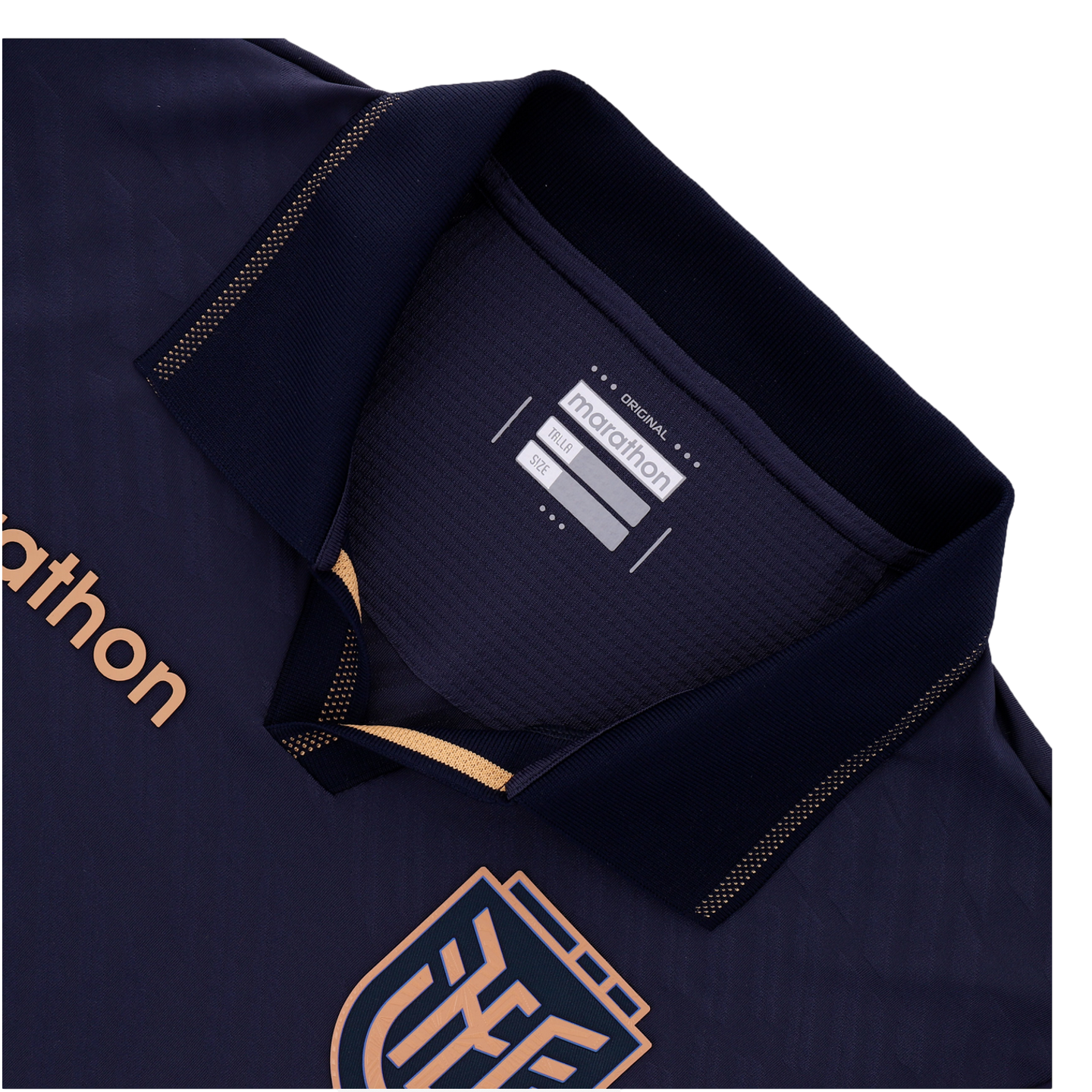 A close-up of the collar and upper chest of a navy blue sports jersey. It features a polo collar with copper-gold dotted trim, the "marathon" brand name on the chest and an inner tag, and a portion of a geometric crest at the bottom.