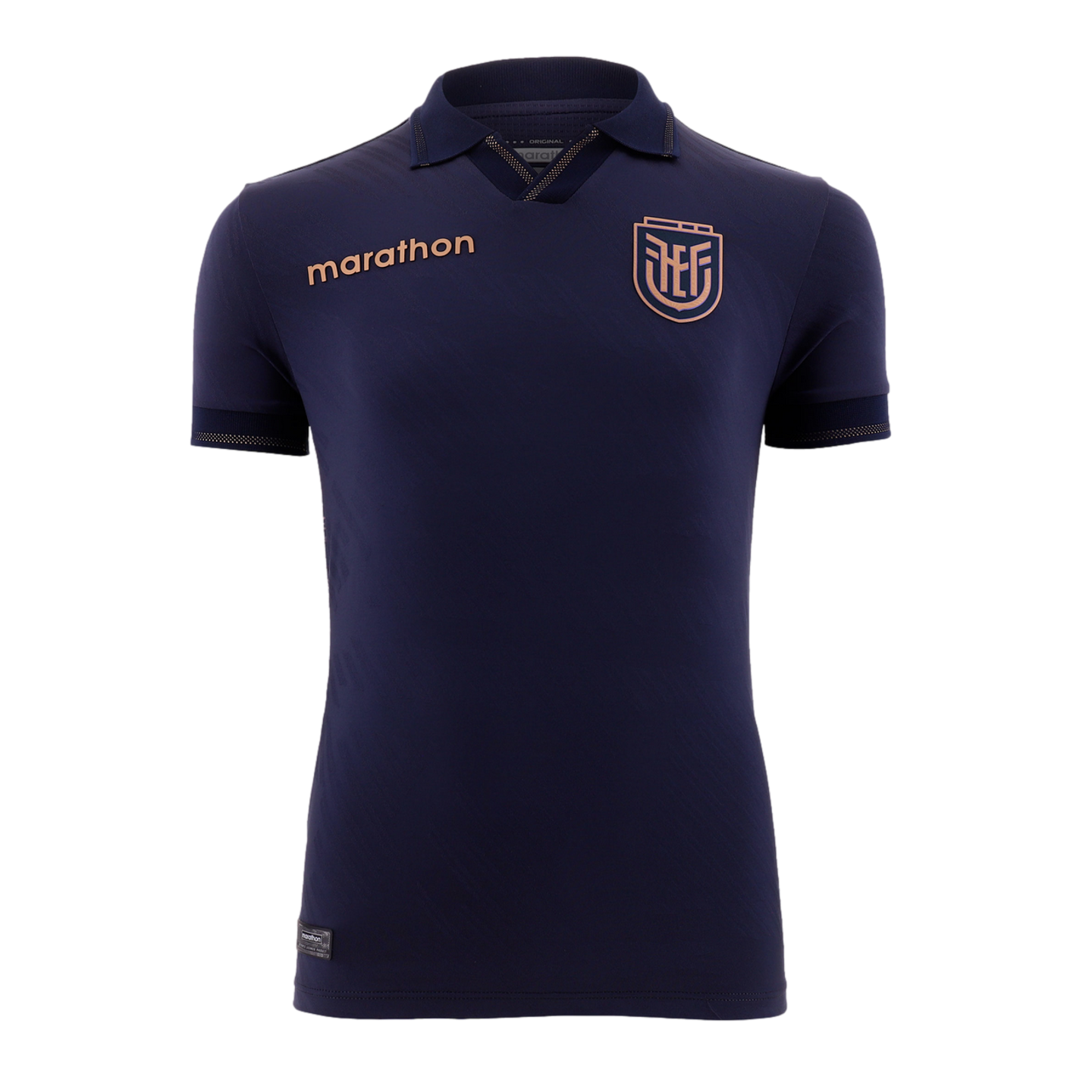 A navy blue short-sleeved polo-style sports jersey with gold-toned accents, featuring the "marathon" brand name on the right chest and a "FEF" crest on the left. The shirt has a collar with textured detailing along the neckline and matching textured sleev