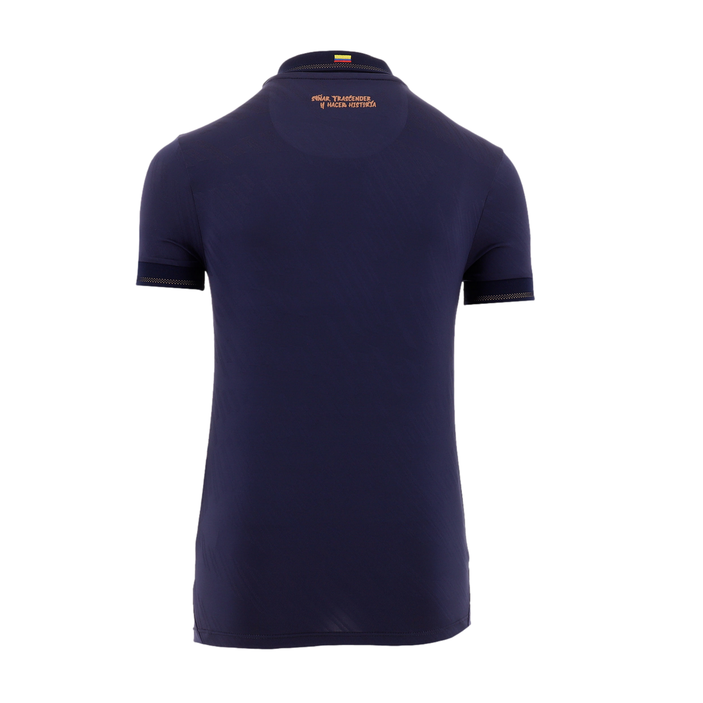The back of a dark navy blue short-sleeved athletic shirt against a black background. At the center of the collar is a small flag of Colombia. Just below the neckline, the Spanish phrase "SOÑAR, TRASCENDER Y HACER HISTORIA" is printed in a copper-colored,